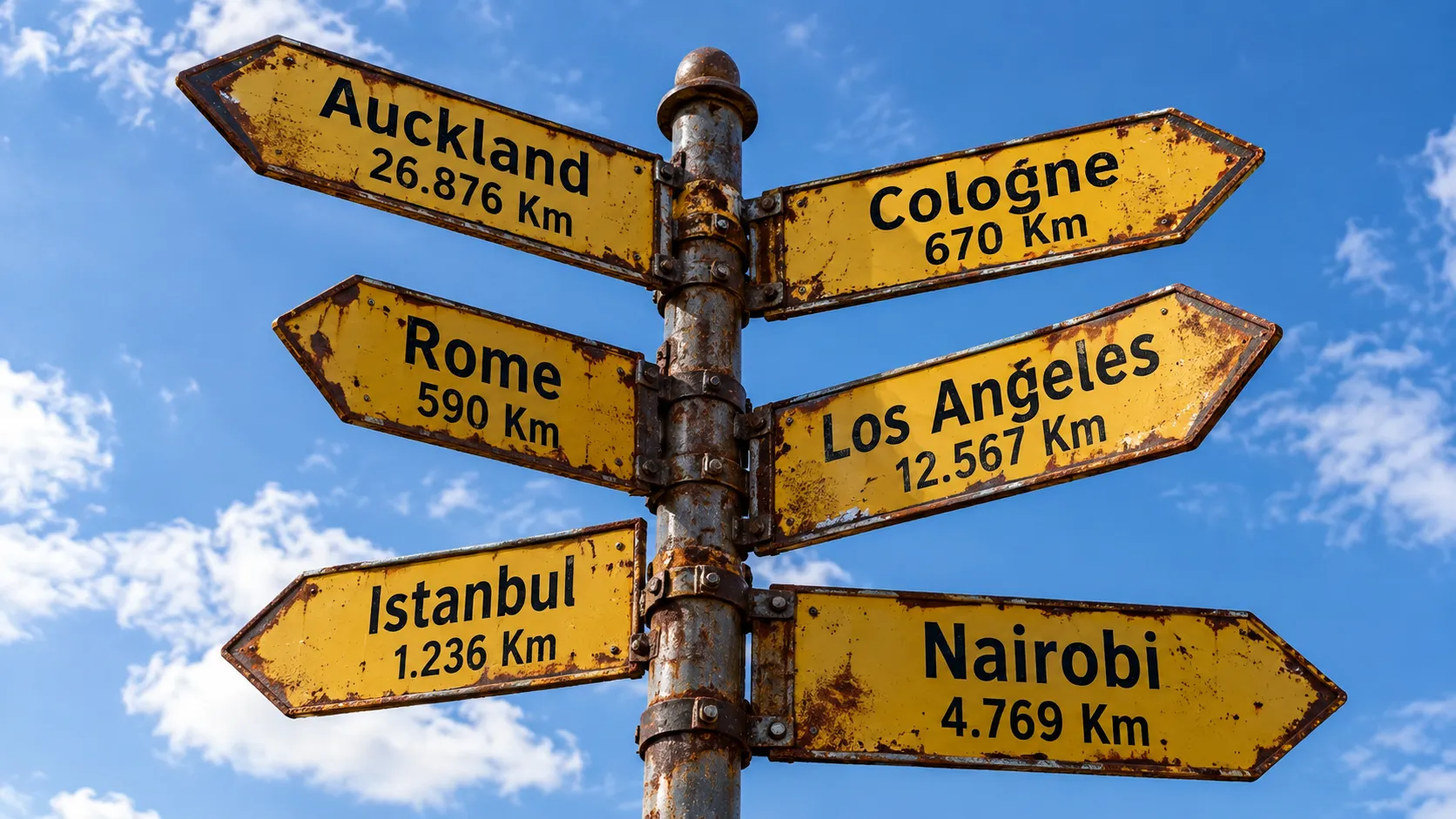 Ein Wegweiser mit Schildern in mehrere Richtungen: Auckland 26.876 km, Cologne 670 km, Rome 590 km, Los Angeles 12.567 km, Istanbul 1.236 km, Nairobi 4.769 km.
